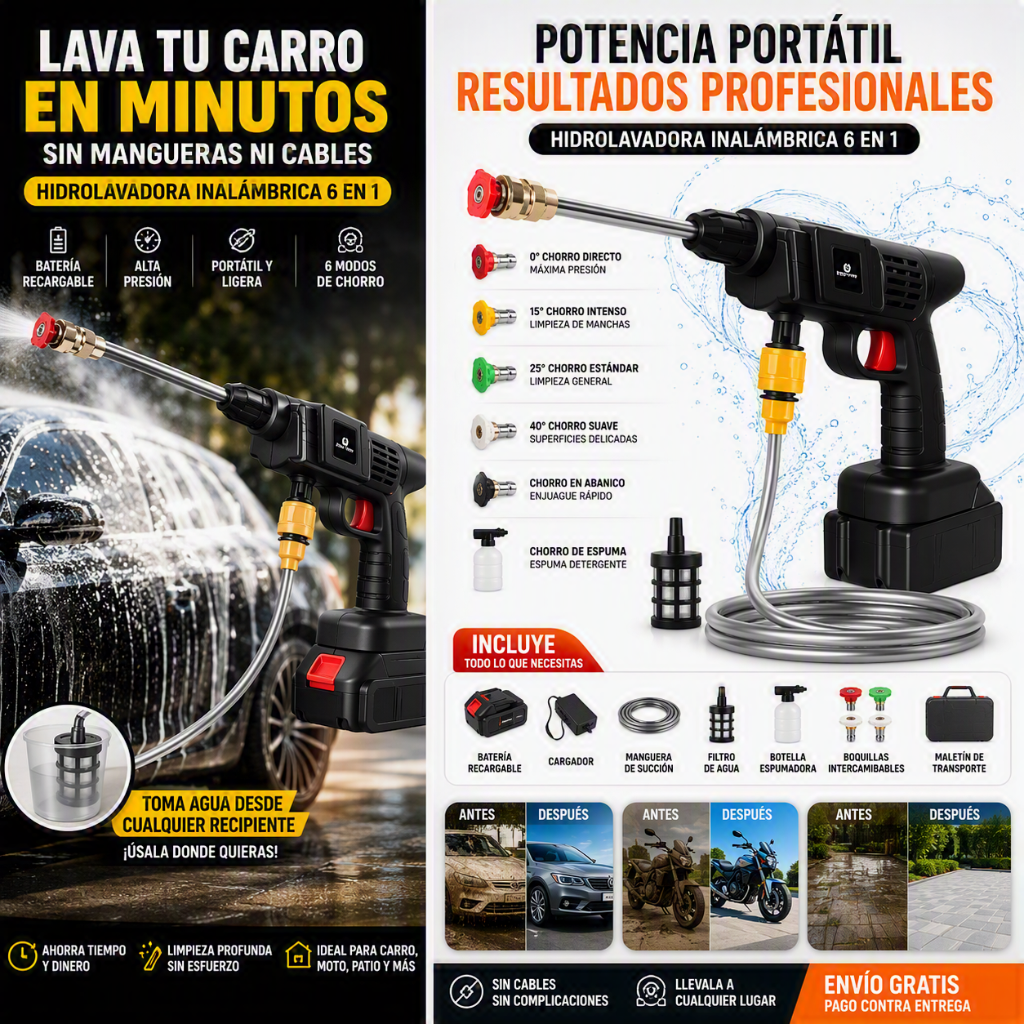 Hidrolavadora Portátil Inalámbrica 6 en 1 | Lava Tu Carro En Minutos
